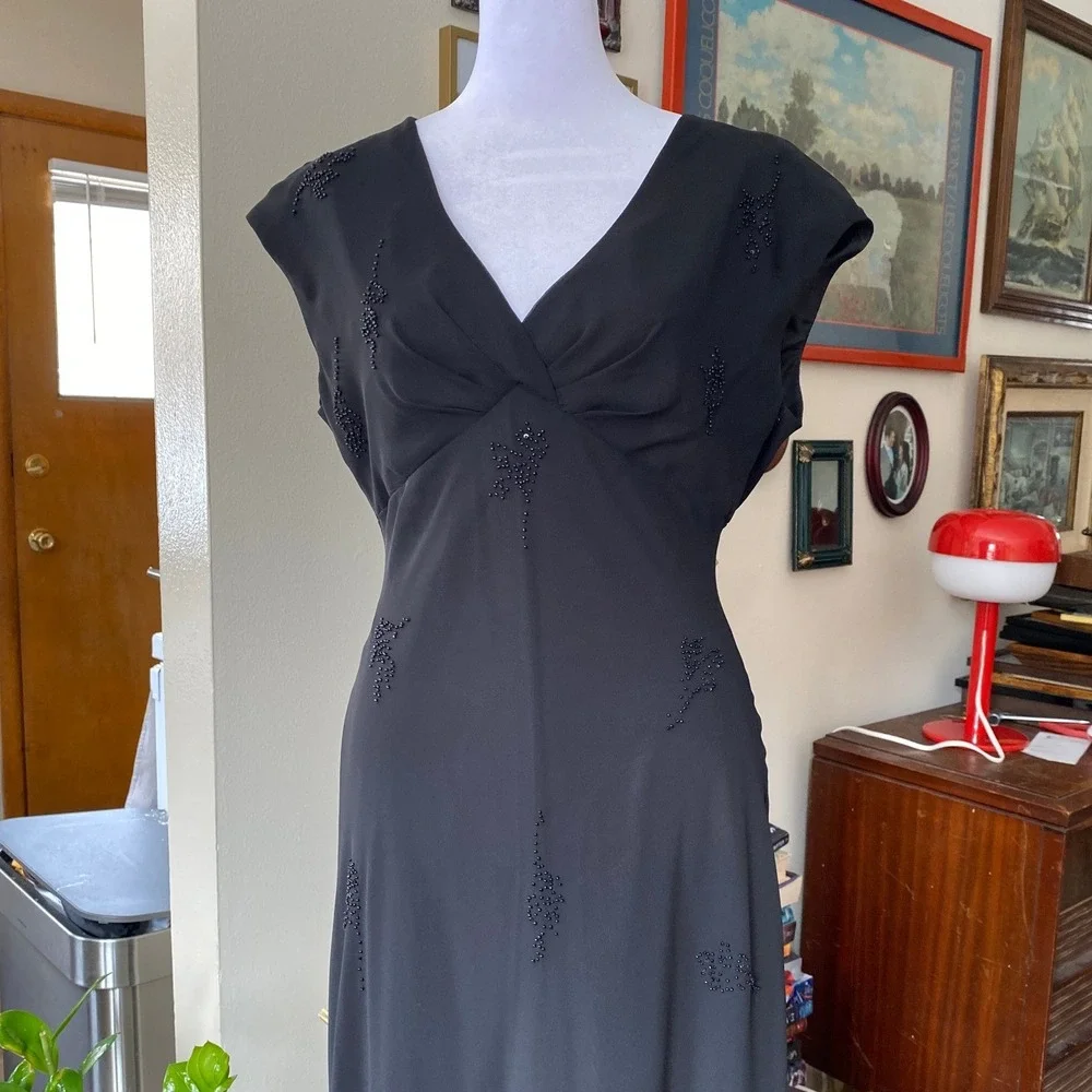 Vintage 1990s Beaded Sheer Empire Waist Black Midi Dress 10 Formal Silky Y2K - Picture 3 of 8